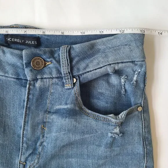 Sincerely Jules Women Junior 3/26 Jeans Blue Distressed Raw Hem Flare Grunge Y2K - Picture 10 of 13